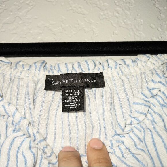 Saks Fifth Avenue White Blue Stripe‎ Off The Shoulder Linen Lace Blouse Medium - Picture 4 of 8